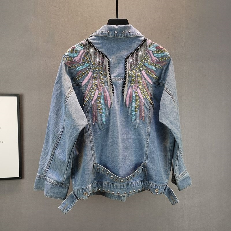 Embroidery Jacket Jeans - 여성용 리벳 데님 재킷, 긴팔 재킷,