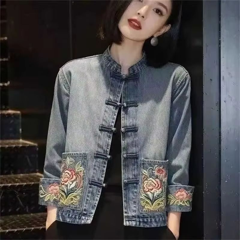 Embroidery Jacket Jeans - 봄 가을 아름다운 자수 카우보이 코트