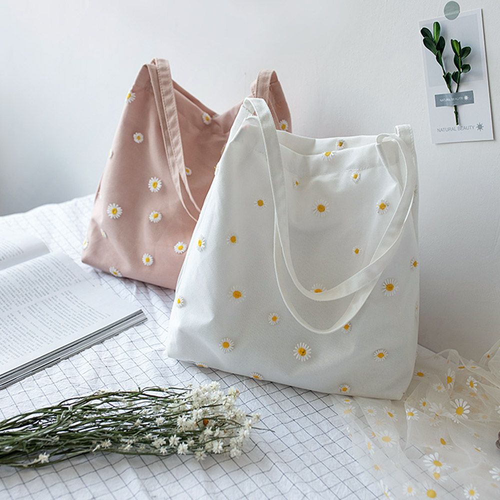 Embroidery Daisy Flower - 여성 캔버스 가방 소녀 쇼핑 핸드백