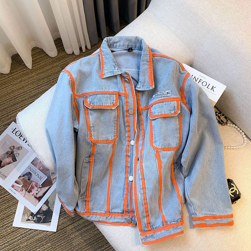 Embroidery Jacket Jeans - 레트로 여성 스트라이프 낙서 대조 색상