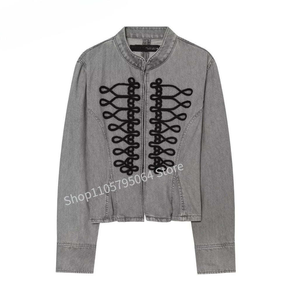 Embroidery Jacket Jeans - 새로운 프랑스 스타일 레트로 그레이 데님