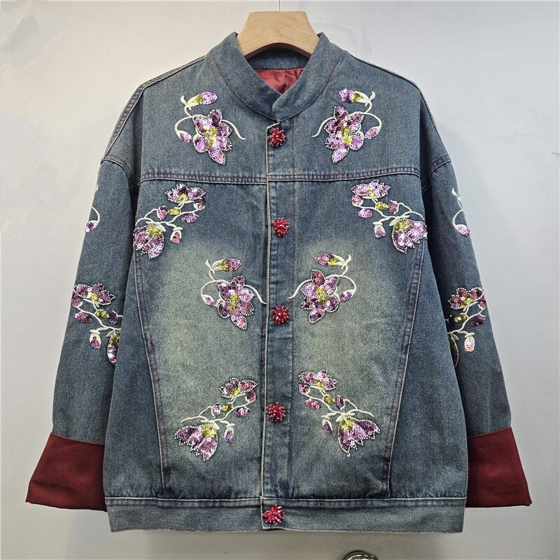 Embroidery Jacket Jeans - 화려한 스팽글 꽃 자수 배색 데님
