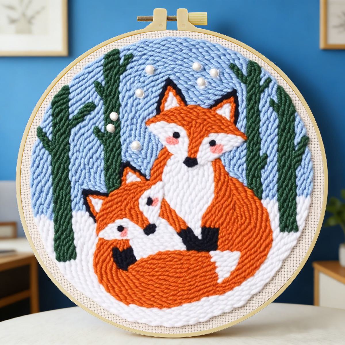 Printed Embroidery Kit - 20X20CM/7.87인치 동물 - 여우 펀치 니들