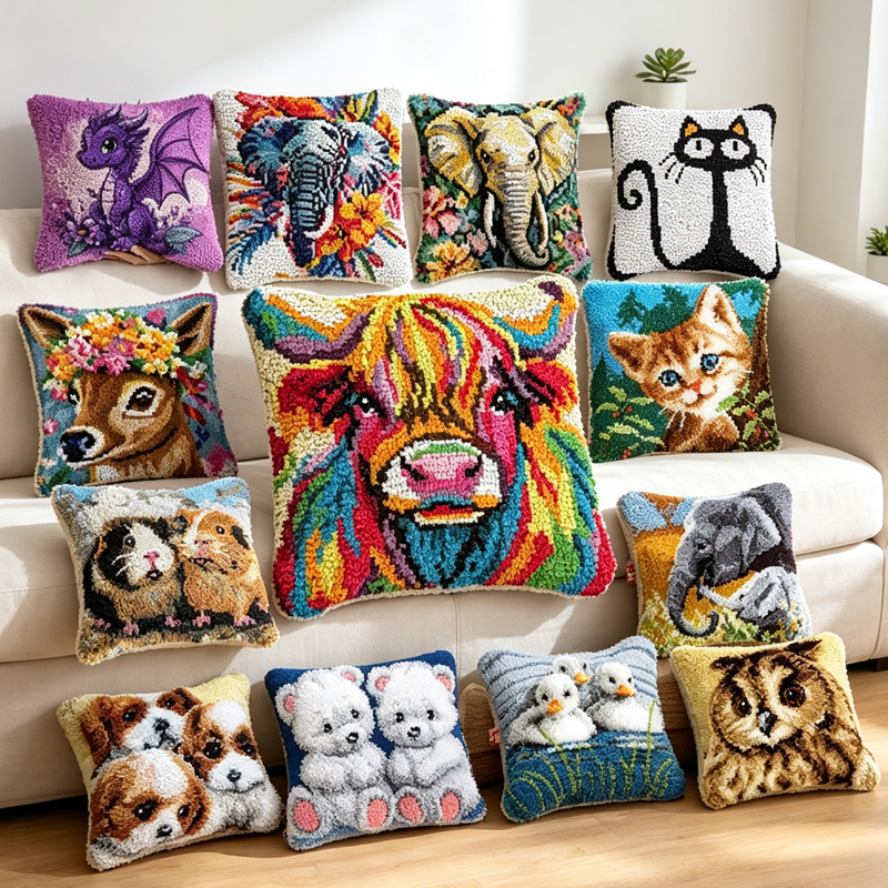 Printed Embroidery Kit - 강아지 고양이 공룡 소 동물 래치