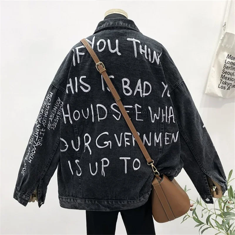 가을 한국어 편지 자수 데님 자켓 코트 여성 느슨한 중 - Embroidery Jacket Jeans 리뷰 및 가격