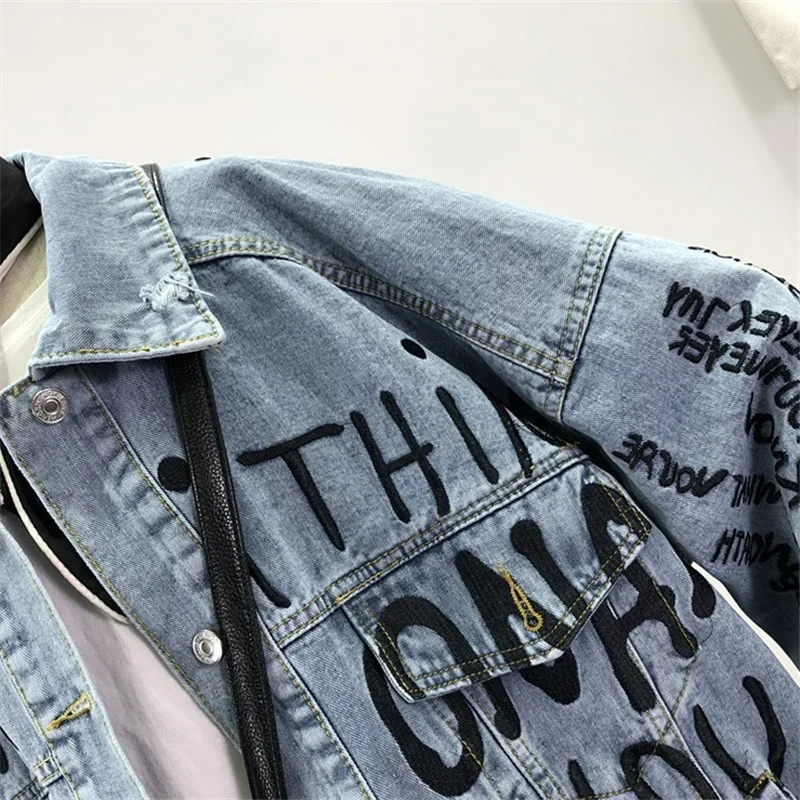 가을 한국어 편지 자수 데님 자켓 코트 여성 느슨한 중 - Embroidery Jacket Jeans 리뷰 및 가격