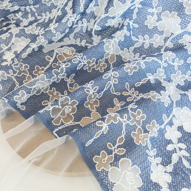꽃 자수 튤 레이스 원단 블루 베이스 화이트 플라워 패 - Embroidery Flower Pattern 리뷰 및 가격