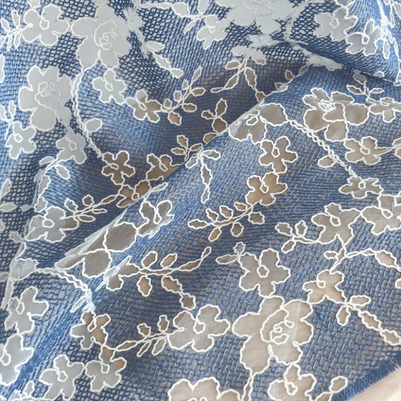 꽃 자수 튤 레이스 원단 블루 베이스 화이트 플라워 패 - Embroidery Flower Pattern 리뷰 및 가격