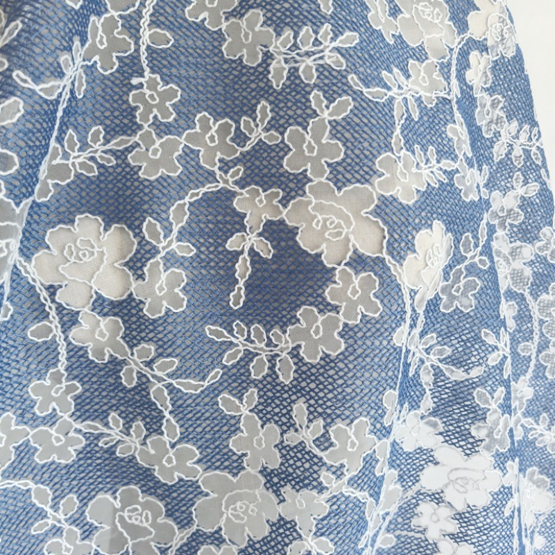 꽃 자수 튤 레이스 원단 블루 베이스 화이트 플라워 패 - Embroidery Flower Pattern 리뷰 및 가격