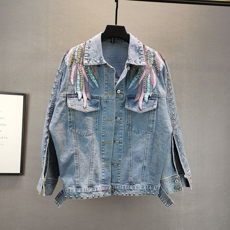 여성용 리벳 데님 재킷, 긴팔 재킷, 청바지 코트, 비 - Embroidery Jacket Jeans 리뷰 및 가격