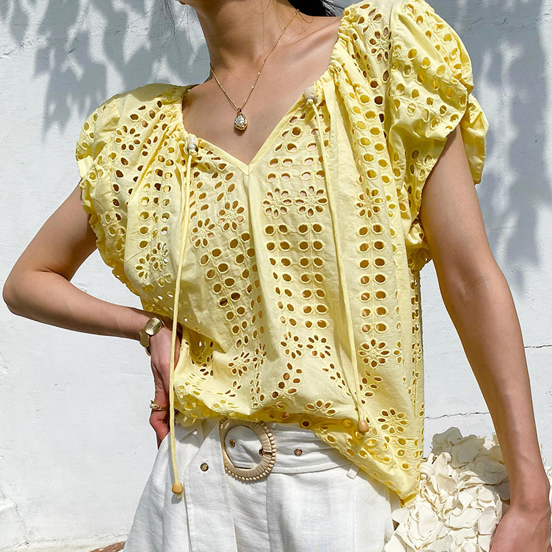 프랑스 스타일 우아한 세련된 블라우스 셔츠 노란색 10 - Embroidery Yellow 리뷰 및 가격