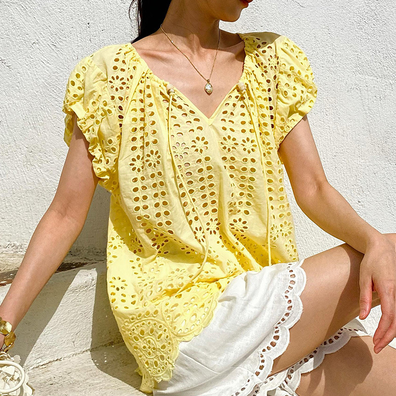 프랑스 스타일 우아한 세련된 블라우스 셔츠 노란색 10 - Embroidery Yellow 리뷰 및 가격