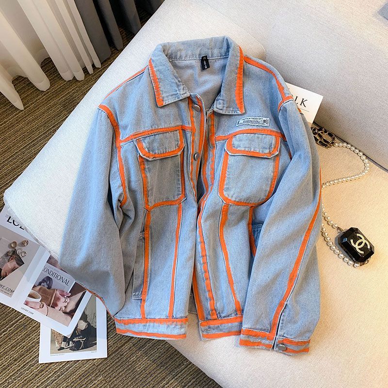 레트로 여성 스트라이프 낙서 대조 색상 데님 재킷 봄  - Embroidery Jacket Jeans 리뷰 및 가격