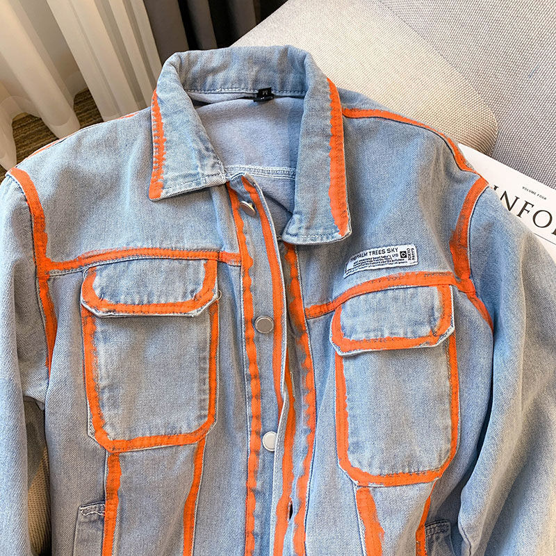 레트로 여성 스트라이프 낙서 대조 색상 데님 재킷 봄  - Embroidery Jacket Jeans 리뷰 및 가격