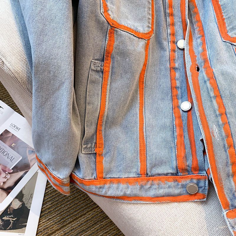 레트로 여성 스트라이프 낙서 대조 색상 데님 재킷 봄  - Embroidery Jacket Jeans 리뷰 및 가격