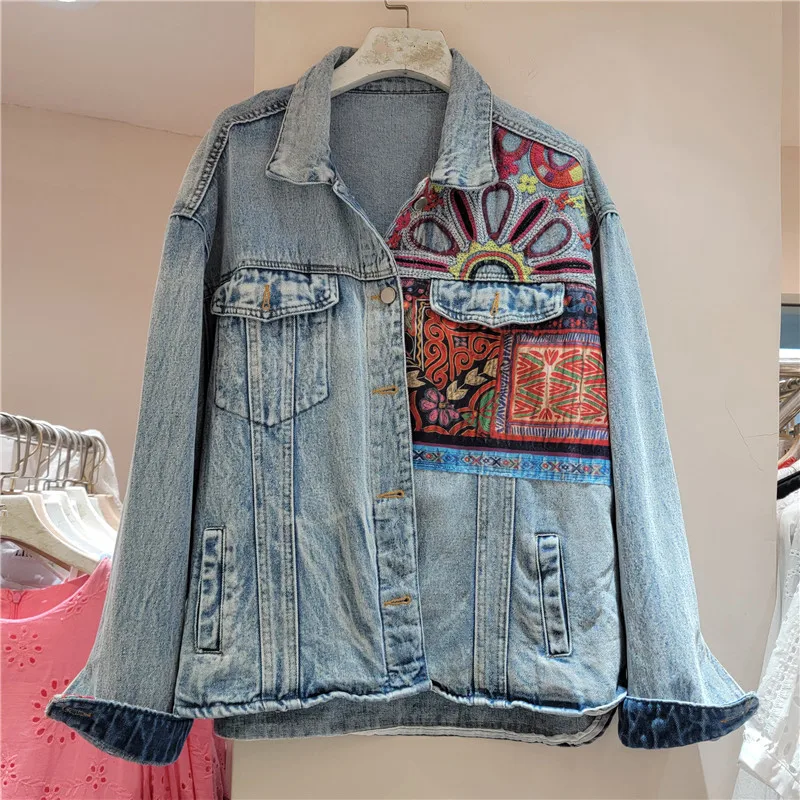 빈티지 블루 자수 스플 라이스 데님 자켓 여성 느슨한  - Embroidery Jacket Jeans 리뷰 및 가격