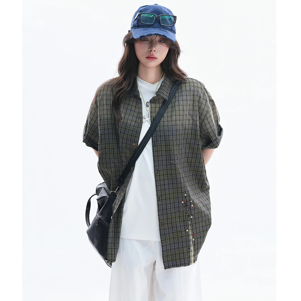 여성용 블라우스 및 셔츠 빈티지 체크 그라데이션 반팔  - Embroidery Gradient 리뷰 및 가격