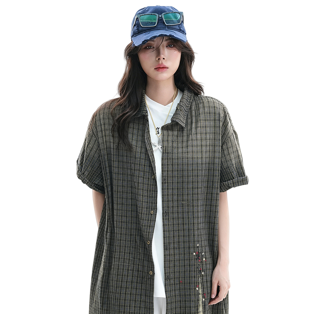 여성용 블라우스 및 셔츠 빈티지 체크 그라데이션 반팔  - Embroidery Gradient 리뷰 및 가격