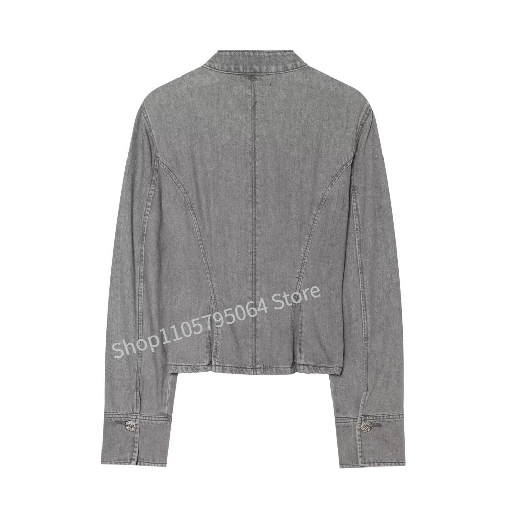 새로운 프랑스 스타일 레트로 그레이 데님 스탠드 칼라  - Embroidery Jacket Jeans 리뷰 및 가격