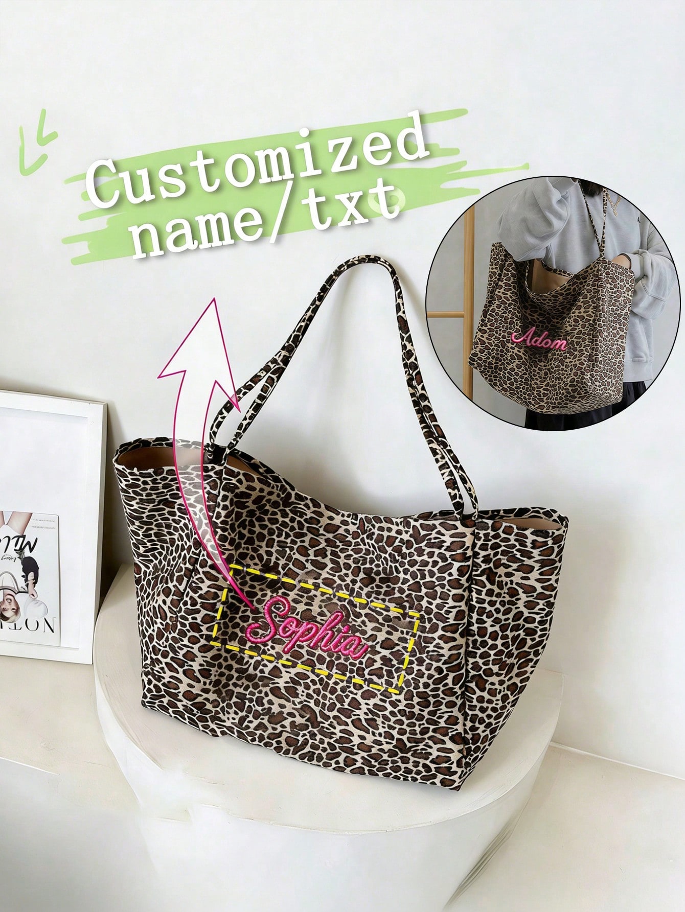 사용자 정의 이름 레오파드 프린트 토트 백 여성 대용량 - Embroidery Gift Ideas 리뷰 및 가격