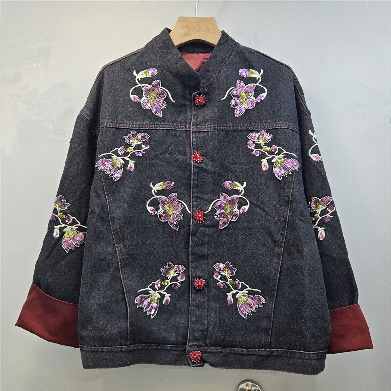 화려한 스팽글 꽃 자수 배색 데님 재킷 블루 블랙 캐주 - Embroidery Jacket Jeans 리뷰 및 가격