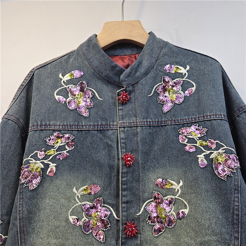 화려한 스팽글 꽃 자수 배색 데님 재킷 블루 블랙 캐주 - Embroidery Jacket Jeans 리뷰 및 가격