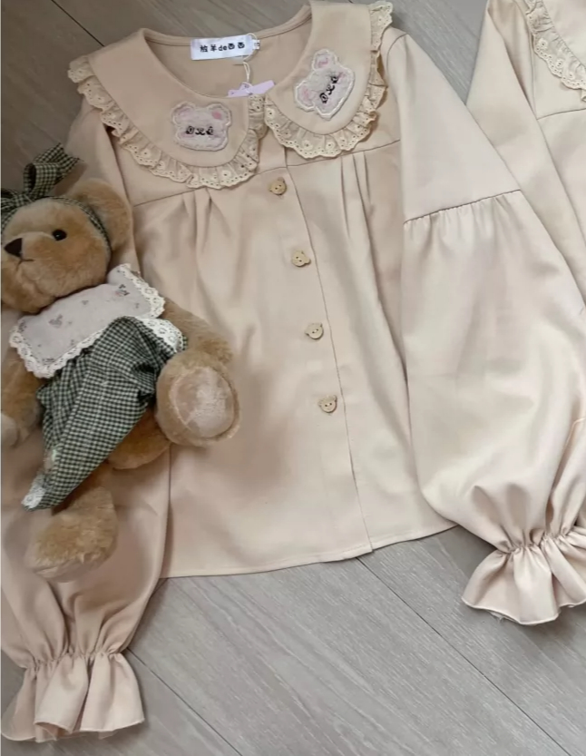 로리타 블라우스 귀여운 곰 자수 피터팬 칼라 긴팔 셔츠 - Embroidery Yellow 리뷰 및 가격