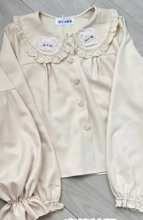 로리타 블라우스 귀여운 곰 자수 피터팬 칼라 긴팔 셔츠 - Embroidery Yellow 리뷰 및 가격